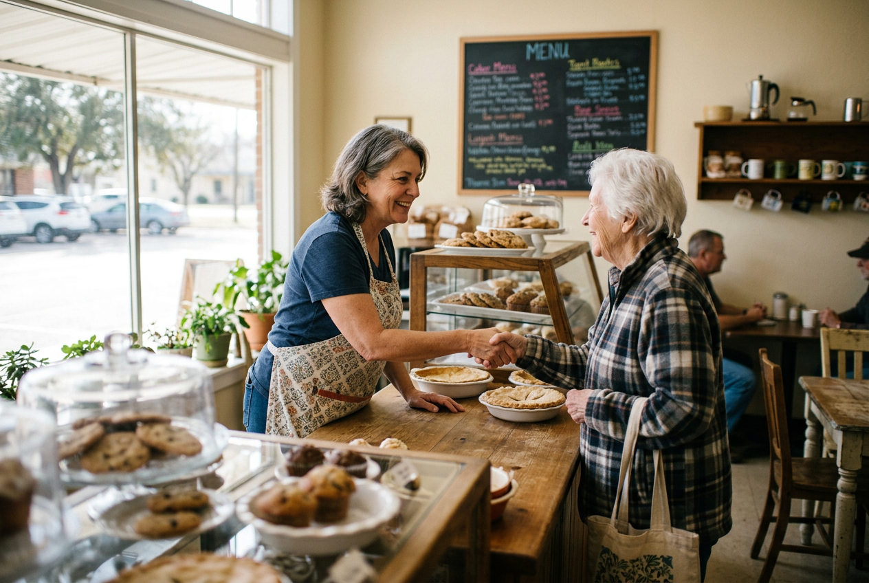 A local business owner warmly greets a senior customer at the counter of a neighborhood bakery.