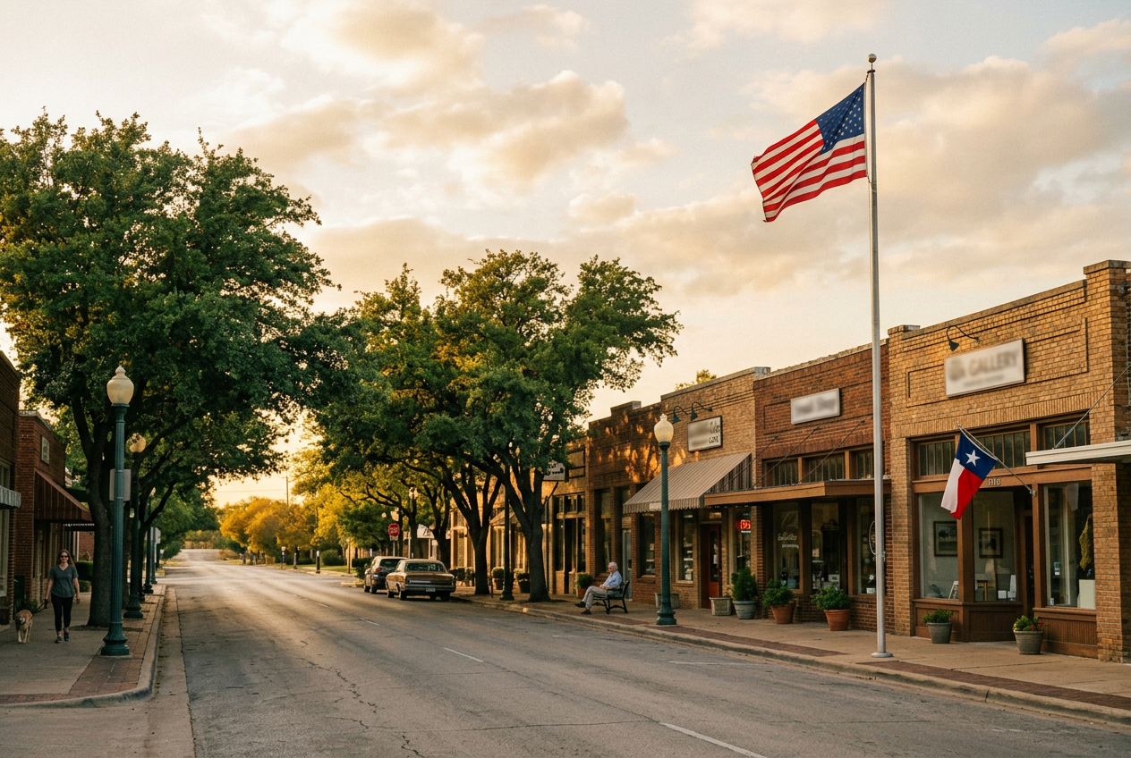 A quiet Texas main street in the Dallas–Fort Worth area at golden hour, with brick storefronts, mature trees, and an American flag.