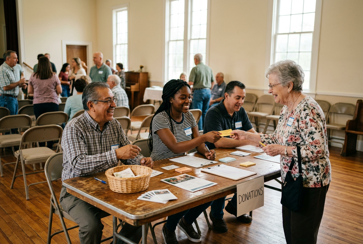 A senior smiles as she is handed a discount card in her neighborhood.