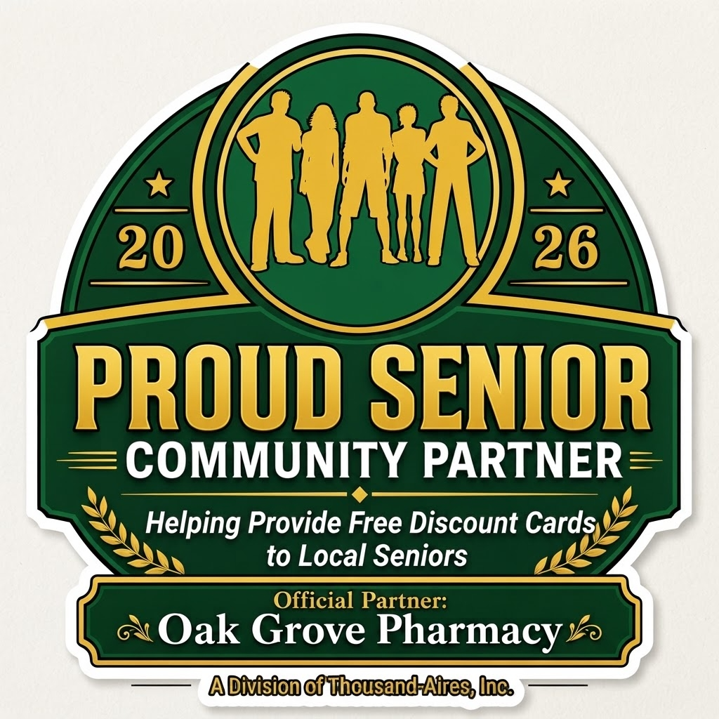 Personalized Proud Senior Community Partner emblem — example featuring Oak Grove Pharmacy as the official partner.